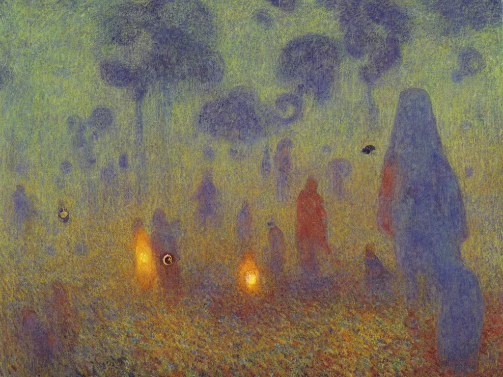 Image similar to man in white beekeeper suit at night with fireflies, giant tornado and devil. painting by mikalojus konstantinas ciurlionis, monet, bosch, wayne barlowe, agnes pelton, rene magritte