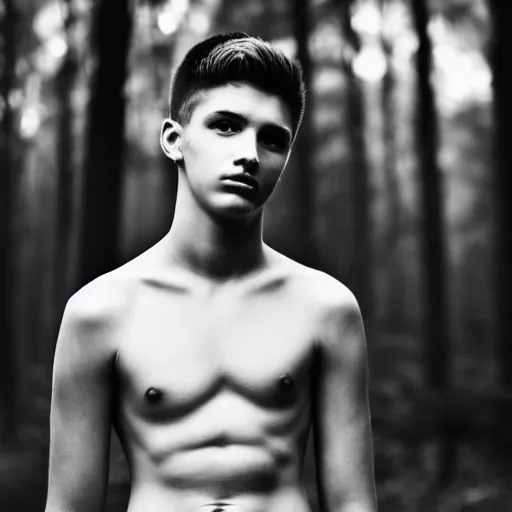 Prompt: detailed portrait of a teenage boy, around 1 9 yo. looking sad. shirtless, tattoo. ominous and eerie looking forest i'm background.