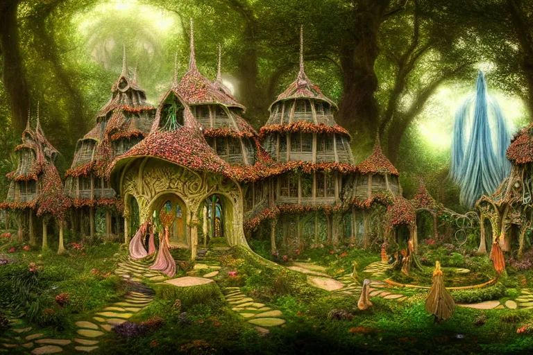 Image similar to a beautiful and highly detailed digital painting of an elven palace in a beautiful garden in a mystical forest, faerie realm, psychedelic patterns, celtic designs, intricate details, epic scale, cgsociety, 8 k, sharp focus, hyperrealism, by caspar friedrich, albert bierstadt, james gurney, brian froud,
