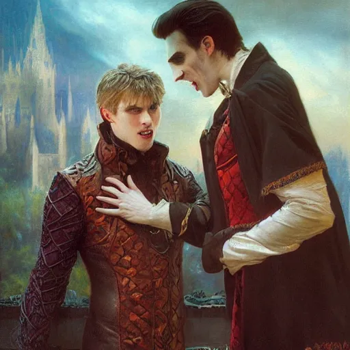 Prompt: attractive male, arthur pendragon confesses his love to attractive male dracula the vampire. highly detailed painting by gaston bussiere, craig mullins, j. c. leyendecker 8 k