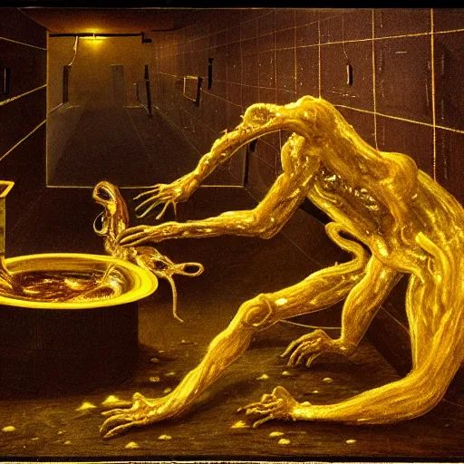 Image similar to dark hi-tech sci-fi lab at night, realistic gustave coubert painting a hideous and sick human exposed guts crawling in two legs and dripping golden metalic fluid from intestine into a pool of golden liquid on the floor. Smokey atmosphere