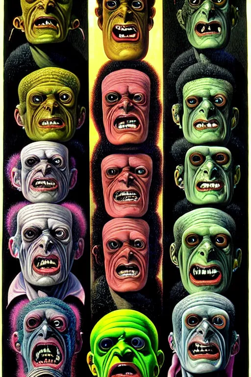 Image similar to a hyperrealistic painting of frankenstein monster heads, cinematic horror by basil wolverton, lisa frank, richard corben, kris kuksi, highly detailed, vivid color,