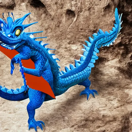 Image similar to professional photo of a blue dragon with a white belly and orange eyes flying over some ancient ruins