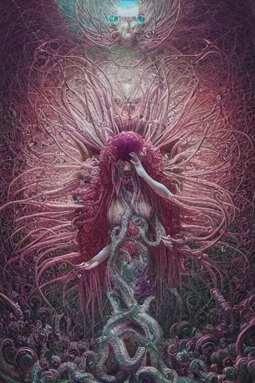 Prompt: cosmic horror eldritch lovecraftian the emerald queen of feathers by wayne barlowe, agostino arrivabene, denis forkas