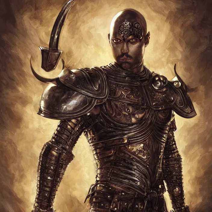 Image similar to a highly detailed symmetrical full body painting of a bald male warrior in leather armour with piercing eyes in dark tomb setting, dynamic lighting, ambient lighting, deviantart, art by artgerm and karol bak and mark brooks