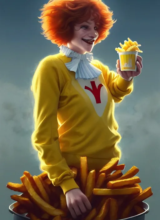 Image similar to close up portrait of ronald mcdonald, yellow jumper with white collar, fries and chicken nuggets swirling by artgerm, cushart krenz, greg rutkowski, mucha. art nouveau. gloomhaven, golden arches logo, pale colors, sharp edges. ultra clear detailed. 8 k. elegant, intricate, octane render