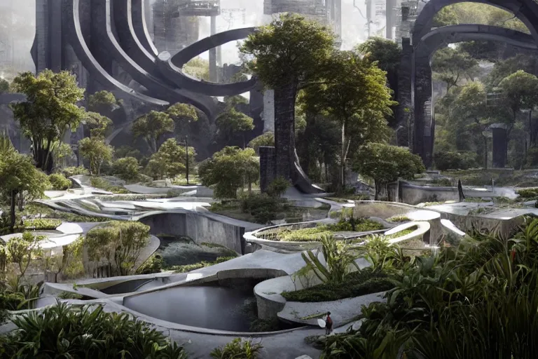 Image similar to brutalist futuristic white Aztec structures, manicured garden of eden, pools and streams, sculpture gardens by Jessica Rossier and HR giger