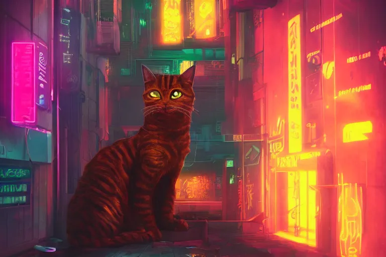 Image similar to cyberpunk ginger cat in the alley, neon lighting, rendered in unreal engine, trending on artstation, cyberpunk, night