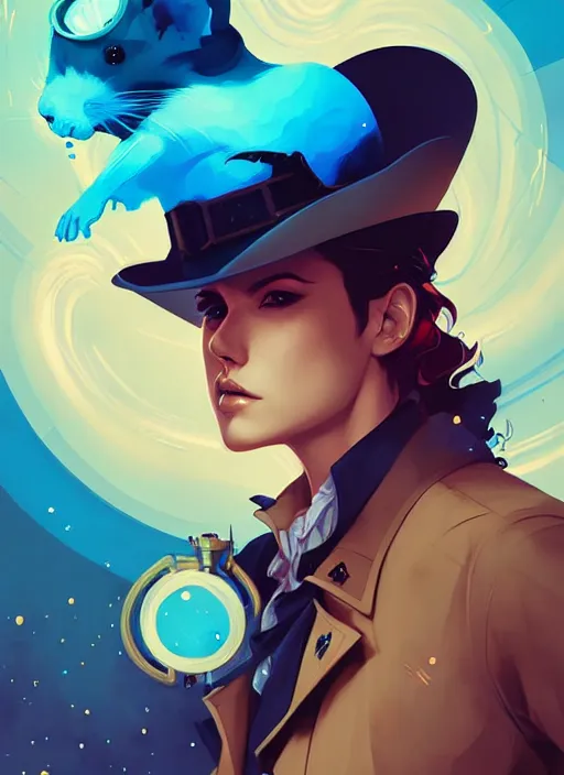 Image similar to style artgerm, joshua middleton, illustration, anthropomorphic hamster as cowboy steampunk, blue fur, swirling water cosmos, fantasy, dnd, cinematic lighting