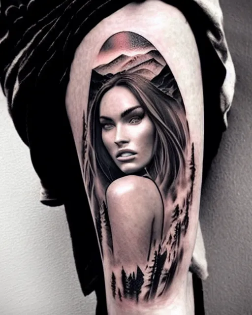 Image similar to creative double exposure effect tattoo design sketch of megan fox faded with beautiful mountain scenery, realism tattoo, in the style of matteo pasqualin, amazing detail, sharp