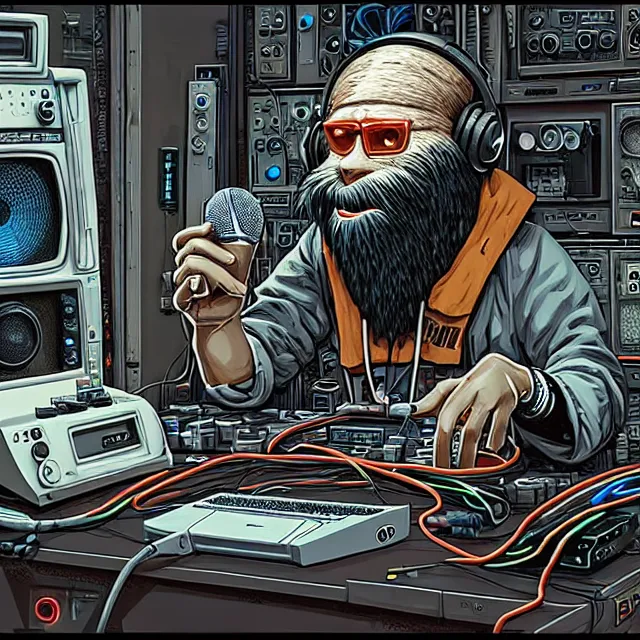 Image similar to a portrait of an anthropomorphic cyberpunk yeti podcasting while working in his secret electronics lab, detailed render, tape deck, microphone, boombox, headphones, epic composition, cybernetics, 4 k realistic, cryengine, realistic shaded lighting, sharp focus, masterpiece, by matteo scalera, gary montalbano, peter elson in the style of the tokyo ghost comic