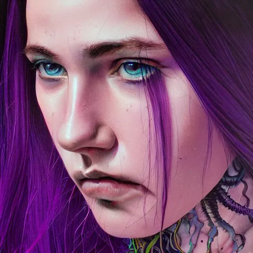 Image similar to detailed art portrait of a furious teen girl with thin, hair-like purple tentacles on her head and bright purple eyes, 8k,by tristan eaton, Stanley Artgermm,Tom Bagshaw,Greg Rutkowski,Carne Griffiths,trending on DeviantArt, face enhance,hyper detailed ,full of colour,