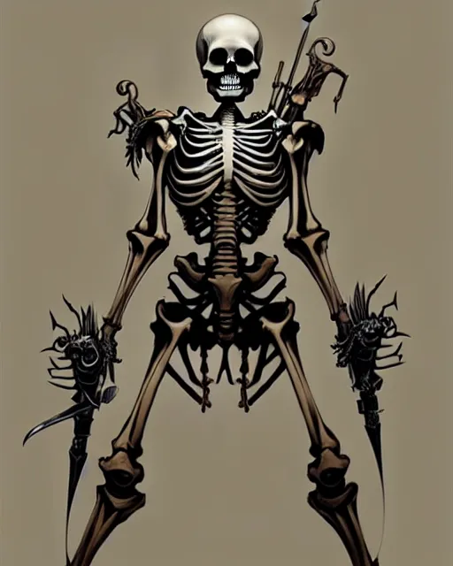 Image similar to A living skeleton, with weapons, elegant, highly detailed, sharp focus, art by Artgerm and Greg Rutkowski and WLOP