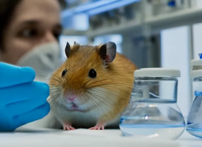 Image similar to film still of a hamster working in a research lab finding the cure for cancer, 8 k