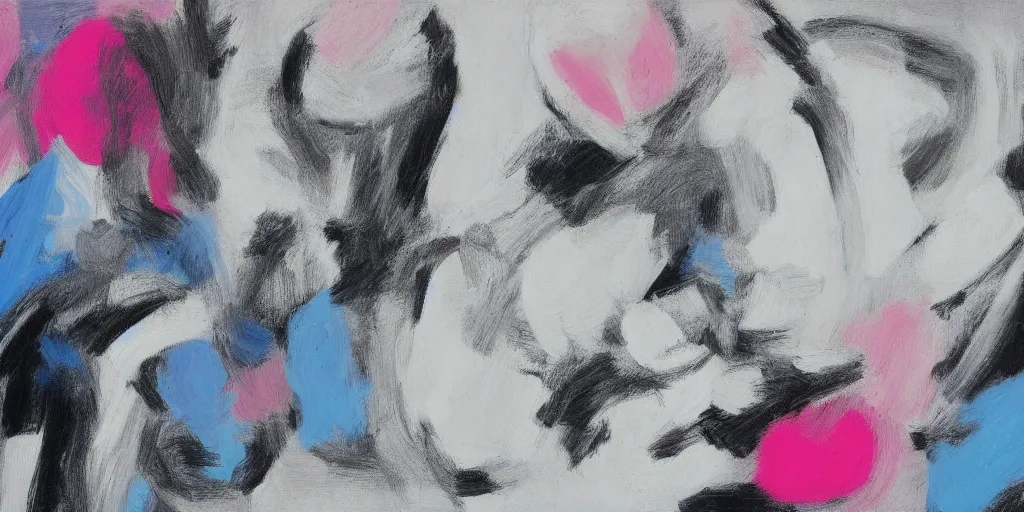 Image similar to black white painting by de kooning on white canvas, soft blue and pink tints, thin black lines, detailed martha jungwirth drawing sketch, painted by yves tanguy, informal, oil on canvas, thick impasto