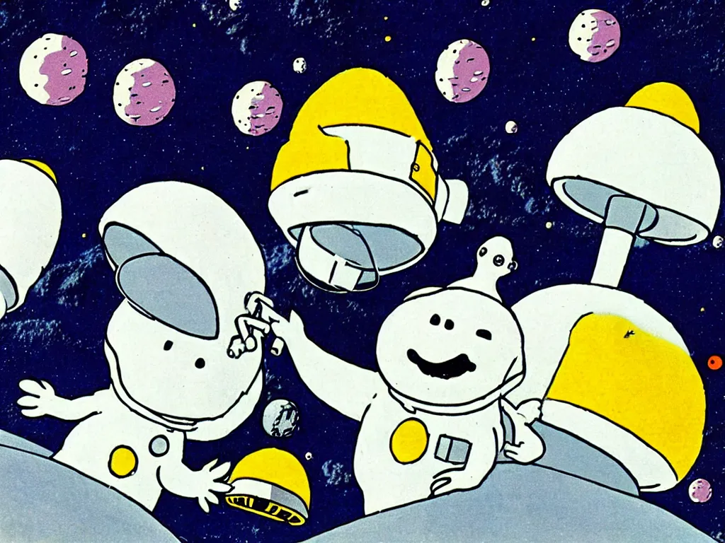 Prompt: moomins in space suits flying around with jetpacks discovering the mushroom planet