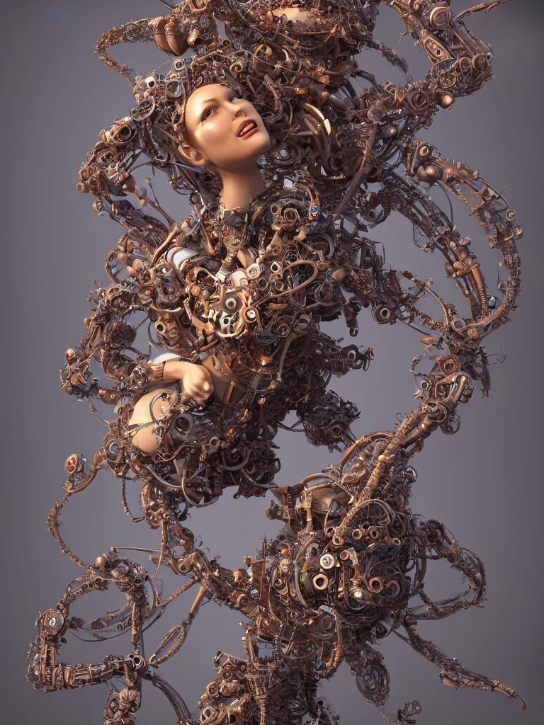 Image similar to a beautiful goddesses intertwined by intricate bio - mech tendrils made of machine and robot parts, by justin gerard and james jean, 3 d, cinema 4 d render, trending on artstation, octane render, 8 k