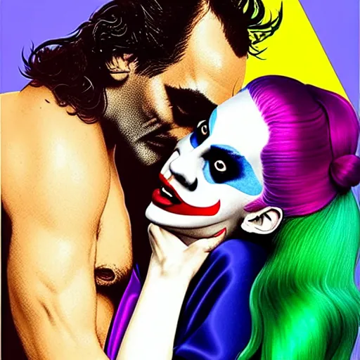 Image similar to richard hamilton and mimmo rottela as lady gaga harley queen and joaquin phoenix joker couple kissing, pop art, 2 color, left and right align, object details, dynamic composition, 4 k, ultra realistic art, smooth, sharp focus, illustration, concept art, intricate details, h 7 6 8