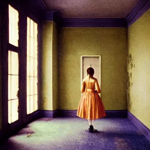 Image similar to a lonely girl in an haunted liminal abandoned room, film still by wes anderson, depicted by balthus, limited color palette, very intricate, art nouveau, highly detailed, lights by hopper, soft pastel colors