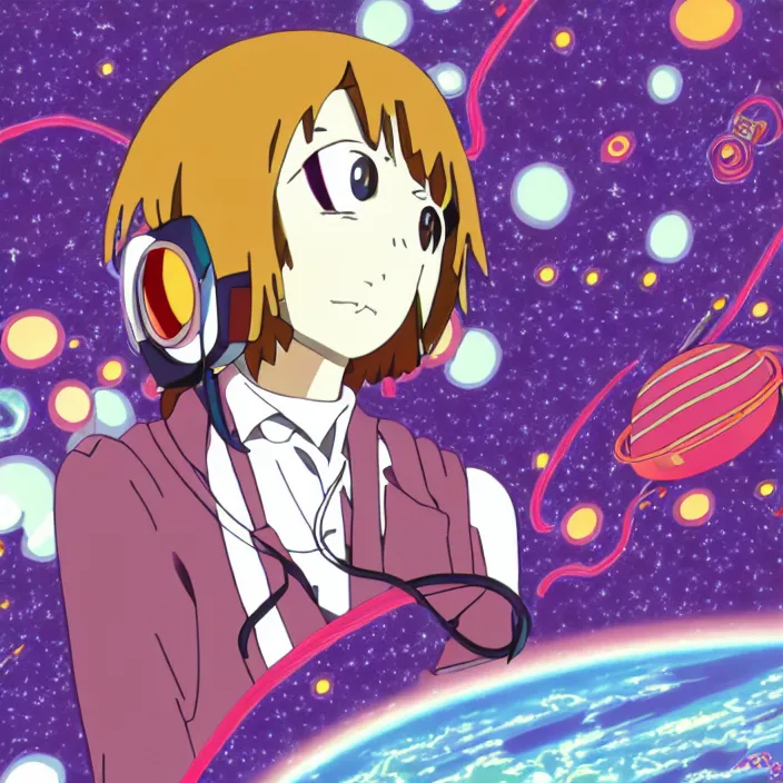 Prompt: close up of mamimi samejima from flcl, psychedelic background, epcot, inside a space station, eye of providence, female anime character, giygas, charles burchfield