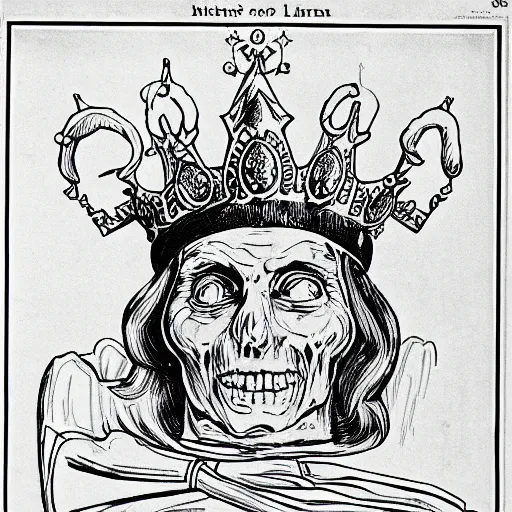 Image similar to lich wearing a crown 1930 cartoon illustration black and white lineart detailed technical drawing