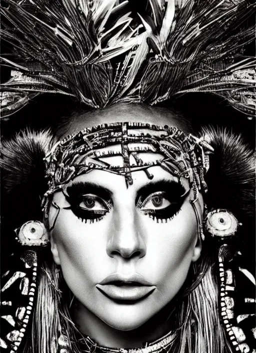 Image similar to lady gaga as a tribal woman, intricate, cinematic lighting, highly detailed, canon 3 5 mm photography, horizontal symmetry, smooth, sharp focus