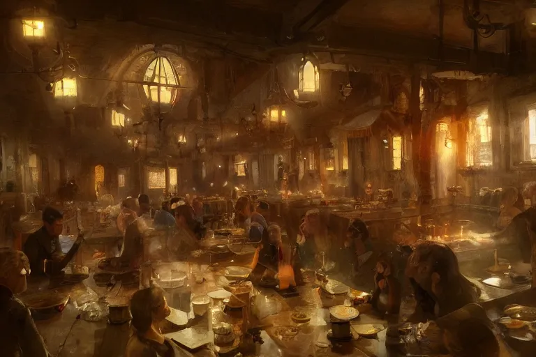 Image similar to A national geographic photo of the interior of an old inn restaurant filled with people by greg rutkowski, Trending on artstation