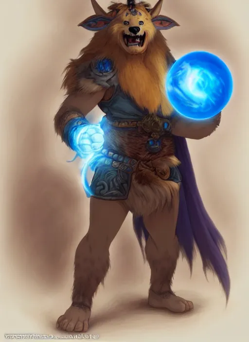 Image similar to lunatic fantasy barbarian with a canine face holding a glowing blue orb natural lighting, path traced, highly detailed, high quality, digital painting, by don bluth and ross tran and studio ghibli and alphonse mucha, artgerm