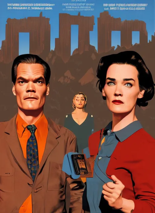 Prompt: Twin Peaks art, of Michael Shannon dressed as mechanic talking to Jennifer Connelly wearing light blue diner waitress dress, poster artwork by Sam Weber, Laurent Durieux, Katherine Lam from scene from Twin Peaks, from scene from Twin Peaks, clean, New Yorker magazine cover