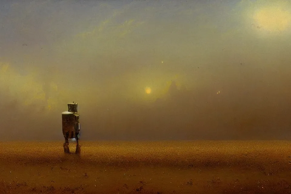 Image similar to sci-fi painting of a large alien city on the vast wheat fields, the closed back view of only one humanoid robot on the ground, by Ivan Aivazovsky, godrays, detailed