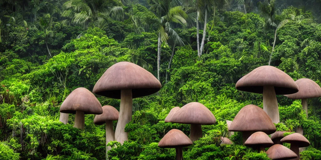 Prompt: giant bell shaped mushrooms loom over a Hawaiian villa in the middle of an tropical forest, ominous Sky, gloomy atmosphere, cinematic, mist, High definition, 8k, ultra detailed