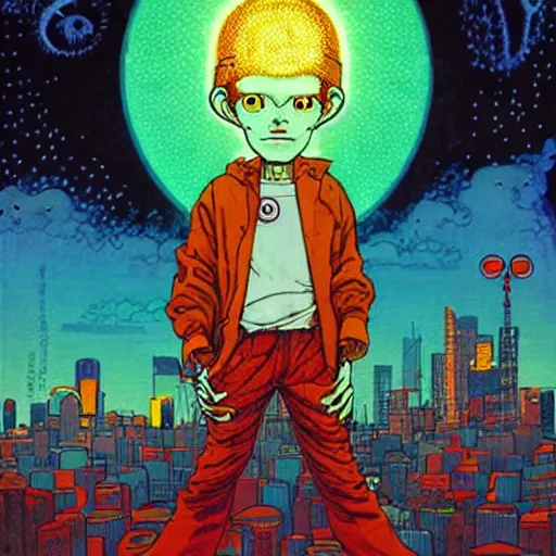 Image similar to a powerful psychic guy emitting psychic powers, by hikari shimoda, by jamie hewlett, by moebius,