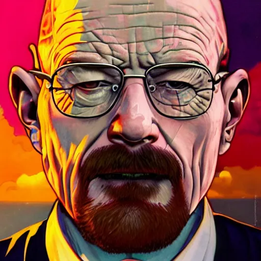 Image similar to high quality illustration, walter white realistic portrait, by etam cru, cyberpunk, alphonse mucha, riot game, beautiful, epic camera, colorful background, arcane, league of legend, digital painting, dynamic colors, artstation, concept art, graffiti, neon