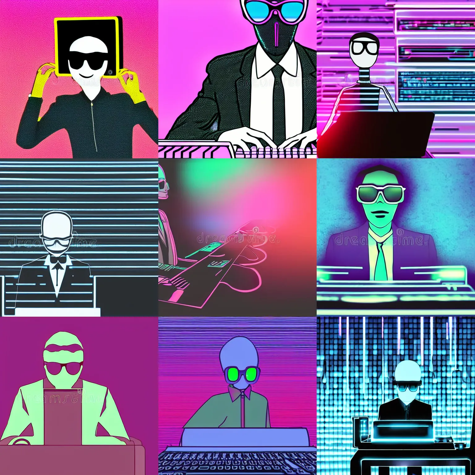 Prompt: faceless slenderman typing on computer with sunglasses, synthwave background, exploitable image, stock photography