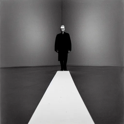 Image similar to Marcel Duchamp in a empty white void, tri-x, Trent Parke, Richard Avedon, Gustave Doré, archival pigment print, occult dream, contemporary art
