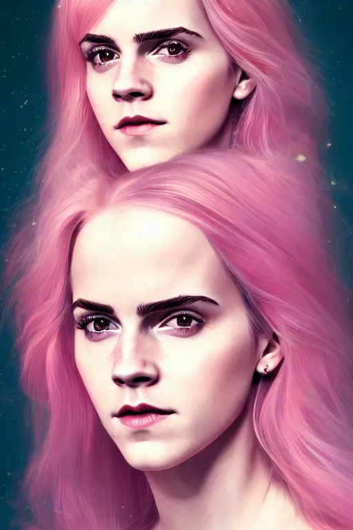 Image similar to Portrait of a beautiful pale skin Nordic female Emma Watson with long pink hair, elegant, photorealistic, highly detailed, artstation, smooth, sharp focus, gold ornaments, neon lighting, sci-fi, art by Klimt.