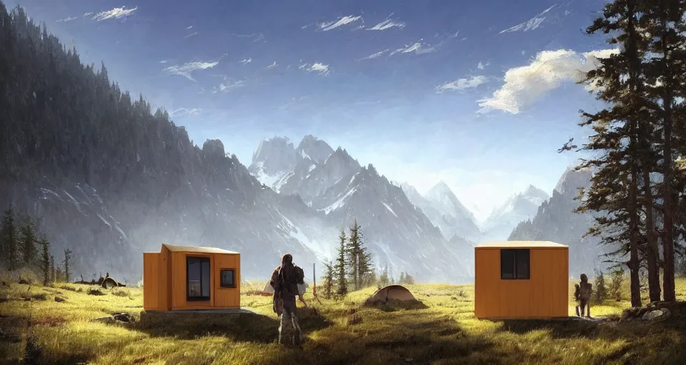 Prompt: cabela's beautiful comfortable self contained modular insulated wall container home kit - house all weather family dwelling tent house, person in foreground, mountainous forested wilderness open fields, beautiful views, painterly concept art, environmental concept art, concept art illustration, by james gurney, by craig mullins, by greg rutkowski trending on artstation