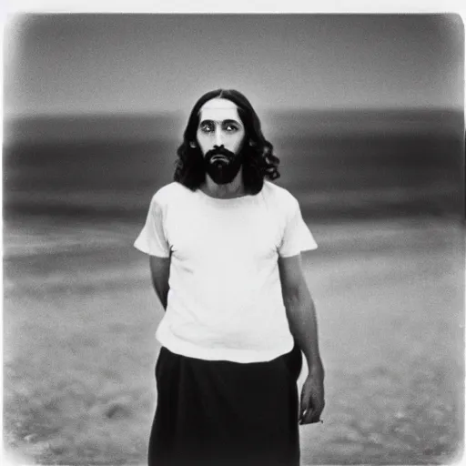 Image similar to photo of Jesus Christ by Diane Arbus, black and white, high contrast, Rolleiflex, 55mm f/4 lens