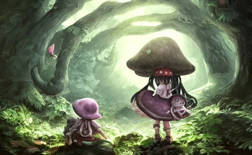 Prompt: cute little girl with a mushroom hat in the dark forest next to a sinister shadow monster, cute, clean detailed art, inspired by made in abyss, detailed background, fantastic world