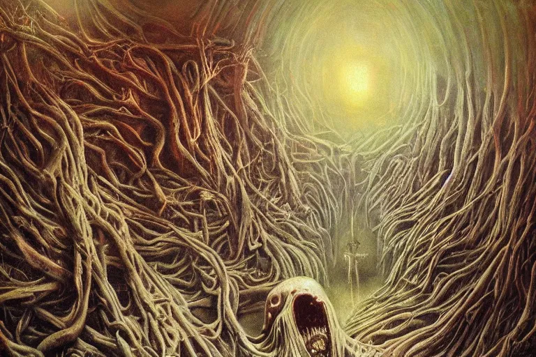Prompt: a mysterious ominous creepy massive superorganism lurking underground, oil on canvas, gothic style, bright, horror art, wide angle, surrealism, dystopian, body horror, cultlike, detailed
