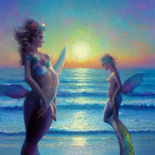 Image similar to twin flame pleadians with mermaid towers and sparkling ocean with pink sunset and mermaids swimming hue highly detailed oil painting hue by craig mullins