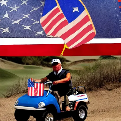 Image similar to donald trump riding a nuke, dirt bikes, golf cart, america flag, prison