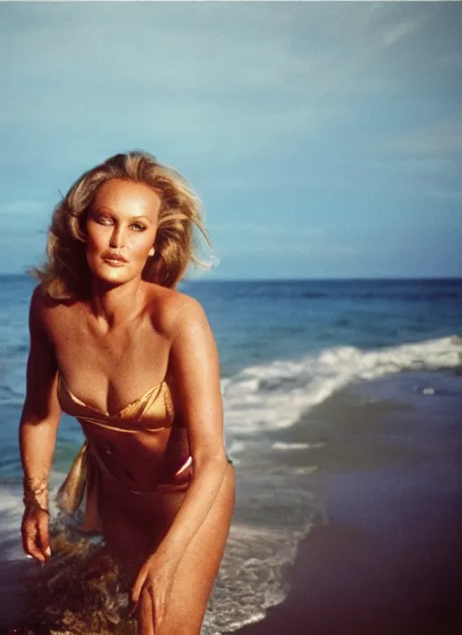 Image similar to A hyper realistic and detailed head portrait photography of Ursula Andress of Dr No walking on a secluded beach. by Cameron Hammond. 1980s art deco revival style. Cinematic. Golden Hour. Kodak Portra 400. Lens flare. 85mm lens