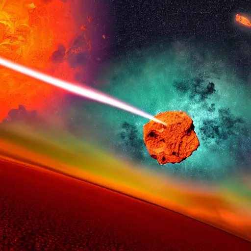 Image similar to Gigantic red-hot meteorite crashes into living planet, Bright colors, fantastic landscape, hyperrealism, no blur, 4k resolution, ultra detailed-i