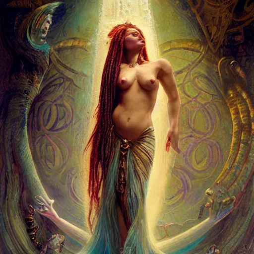 Image similar to birth of sumerian goddess inanna ishtar, ashteroth, techno mystic goddess princess intergalactica, with aqua neon rapunzel dreadlocks, mami wata, detailed, by gaston bussiere, bayard wu, greg rutkowski, giger, maxim verehin, greg rutkowski, masterpiece, sharp focus,