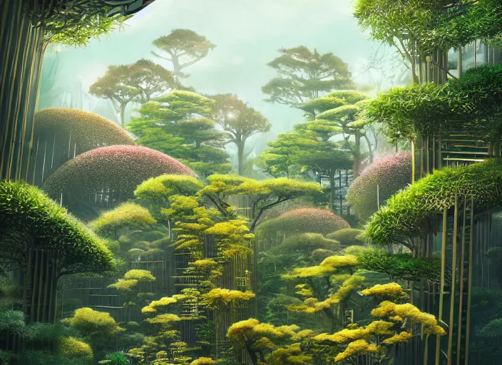 Image similar to overgrown foliage overtaking a maze of tall japanese architecture, underwater environment, borealis, scenery, professional, award - winning, trending on artstation, hyper detailed, realistic, beautiful, emotional, shiny, golden, picture