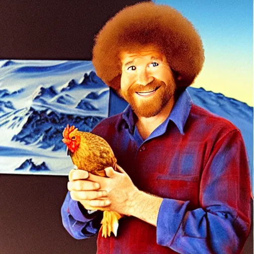 Image similar to bob ross holding a chicken on mars,