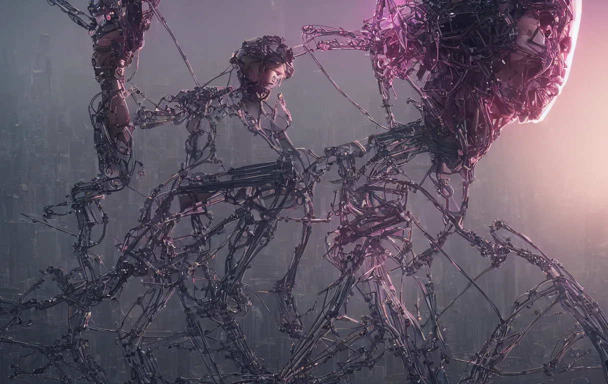 Image similar to award winning portrait of a crucified gargantuan female biomorphic cyborg goddess queen in the style of death stranding, neon genesis evangelion, with intricate energy core connecting to a futuristic downtown city, mightnight by artgerm, jean moebius giraud, yoshitaka amano, beeple, greg rutkowski. octane render.