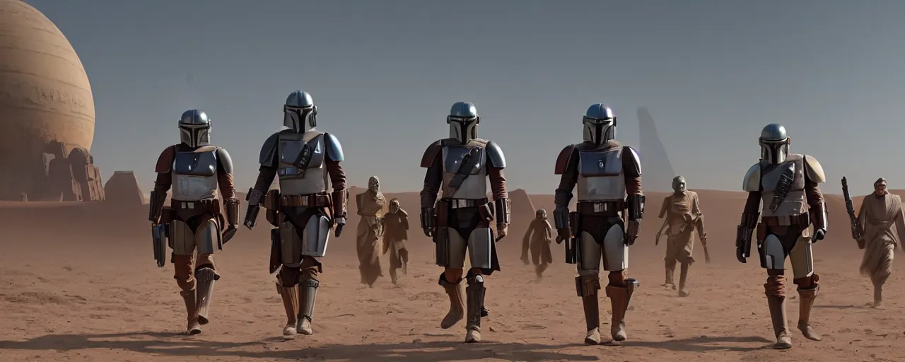 Image similar to the mandalorian walking in the village of tatooine, 8 k uhd, unreal engine, octane render in the artstyle of finnian macmanus, john park and greg rutkowski