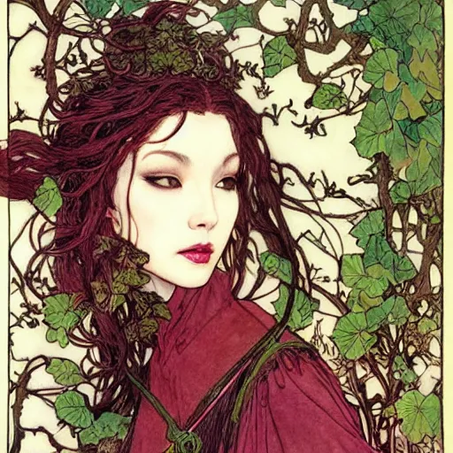 Image similar to a beautiful painting of poison ivy as a medieval chinese princess, dark eyeliner, intricate, elegant, highly detailed, digital painting, artstation, concept art, matte, sharp focus, illustration, art by rebecca guay and by arthur rackham and by alphonse mucha and by john william waterhouse